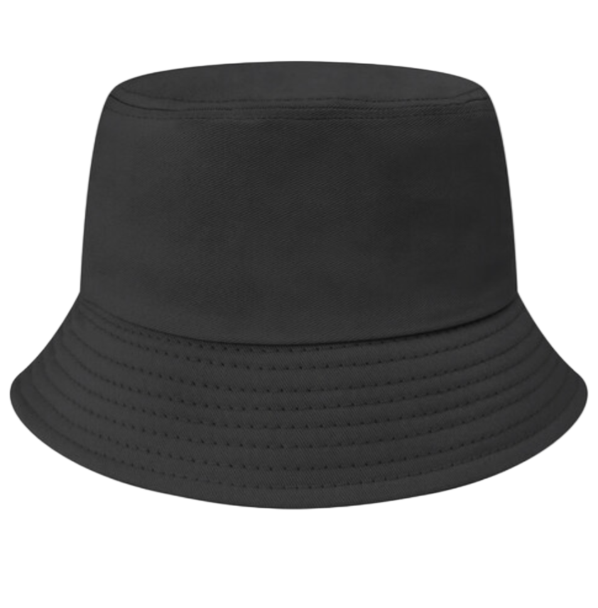 black bucket hat with custom patches