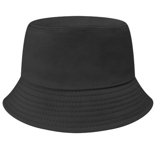 black bucket hat with custom patches